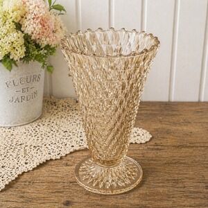 Vintage Pale Amber Indiana Diamond Point 8" Pressed Glass Pedestal Vase